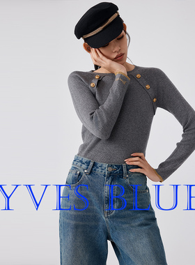 YVES BLUE针织灰色羊毛衫套头复古中古圆领设计感