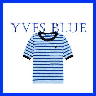 针织衫 YVES T恤桑蚕丝天丝通勤夏新品 条纹短袖 BLUE