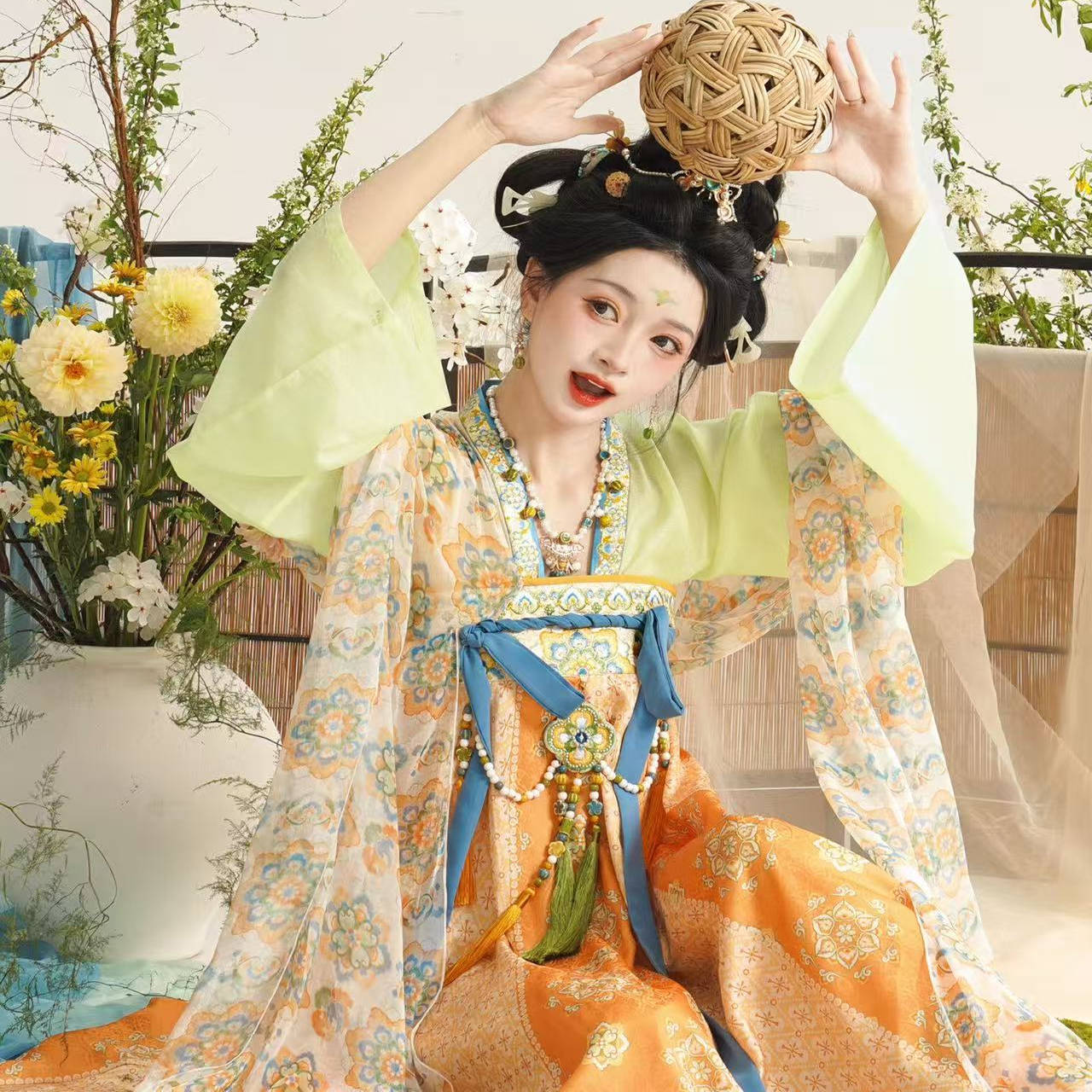 汀花序原创夏季汉服唐三彩复原唐制齐胸破裙天丝对襟短衫