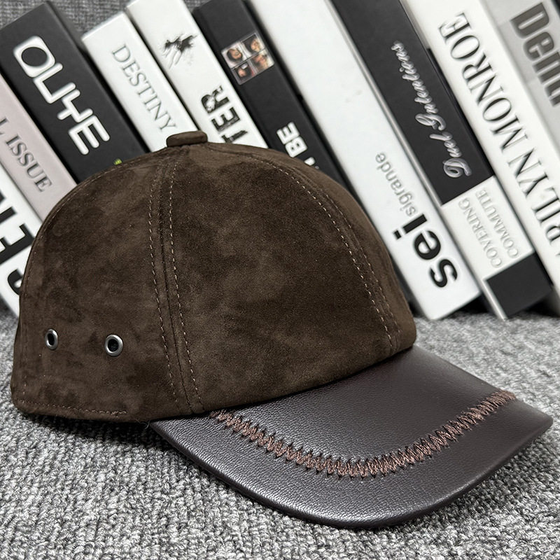真皮棒球帽子男士休闲中老年秋冬季羊皮压花翻绒磨砂鸭舌翻毛皮帽