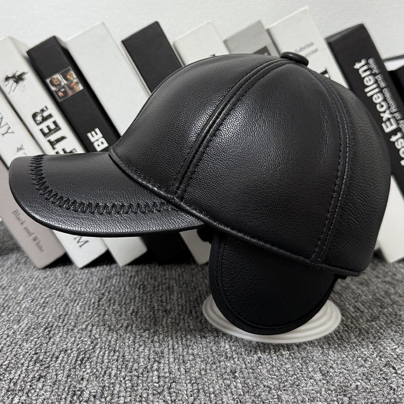 真皮棒球帽子男士休闲中老年加绒冬季羊皮压花翻绒磨砂鸭舌翻毛皮