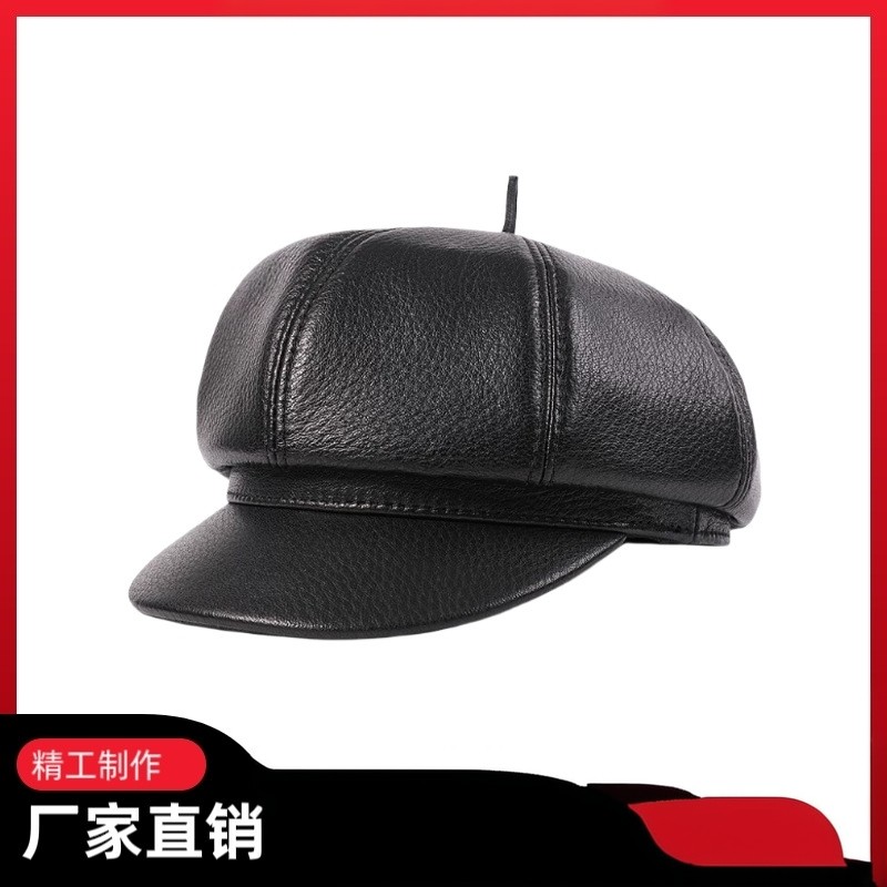 中老年海宁皮革城秋冬户外男士真皮帽子羊皮单帽画家帽薄款八角帽