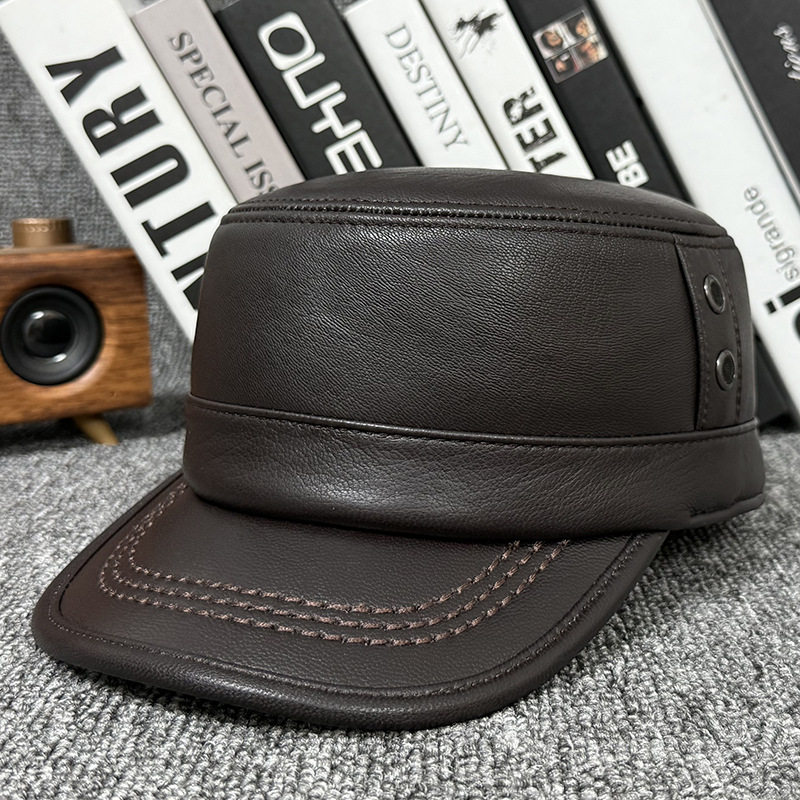 新款真皮平顶帽中年男士户外加绒秋冬款压花翻绒磨砂鸭舌翻皮毛潮