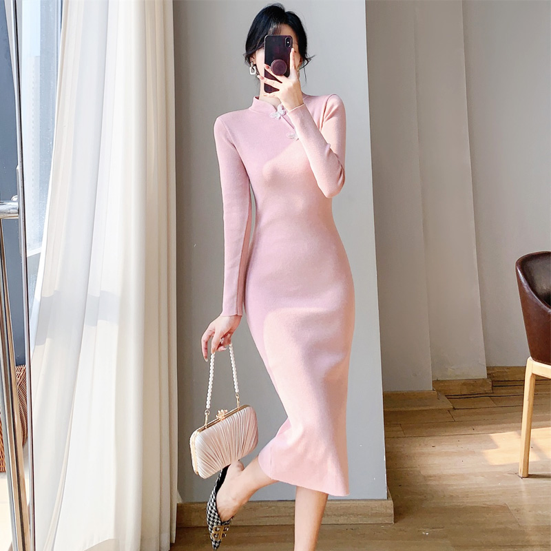 新中式改良旗袍针织连衣裙