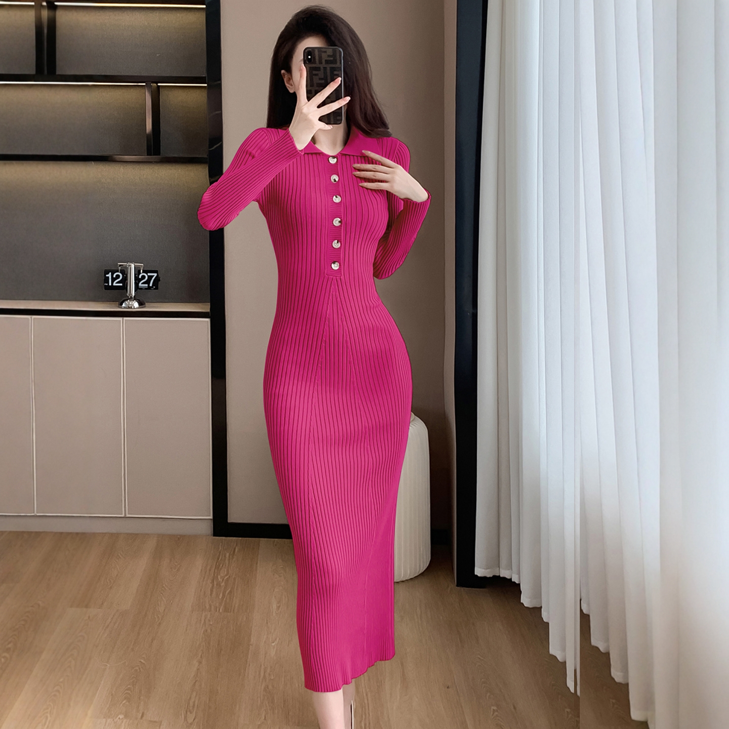 法式修身配大衣长款针织连衣裙