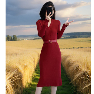 针织连衣裙女秋冬季法式轻奢高级感别致配大衣内搭长款打底毛衣裙