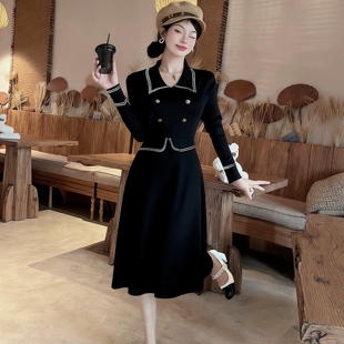 针织连衣裙女秋冬法式 名媛气质高级感POLO领假两件收腰打底毛衣裙