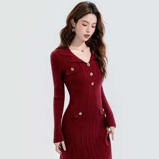 2025新款针织连衣裙女秋冬轻奢高级感优雅气质修身显瘦长款毛衣裙