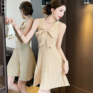 冰丝针织无袖连衣裙女夏季法式小香风名媛气质高级感蝴蝶结短裙子