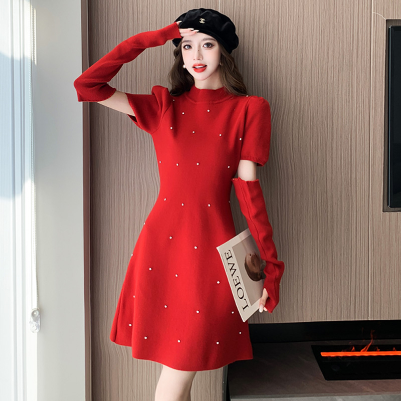 圣诞节元旦红色针织连衣裙