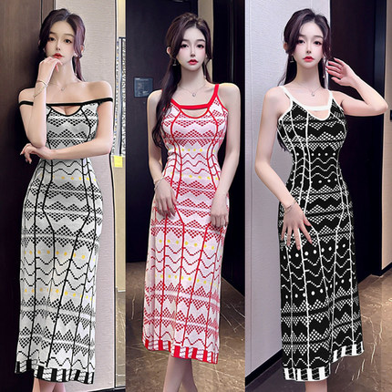 针织吊带裙女夏季长裙新款时尚洋气花色连衣裙露背印花包臀鱼尾裙