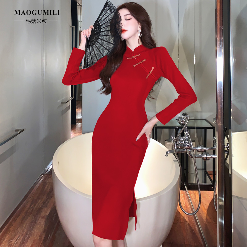 新中式旗袍针织连衣裙