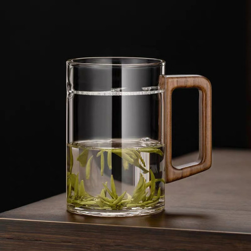 辰功450ml加厚高硼硅玻璃杯木把月牙公道杯茶水分离月牙壶公道杯