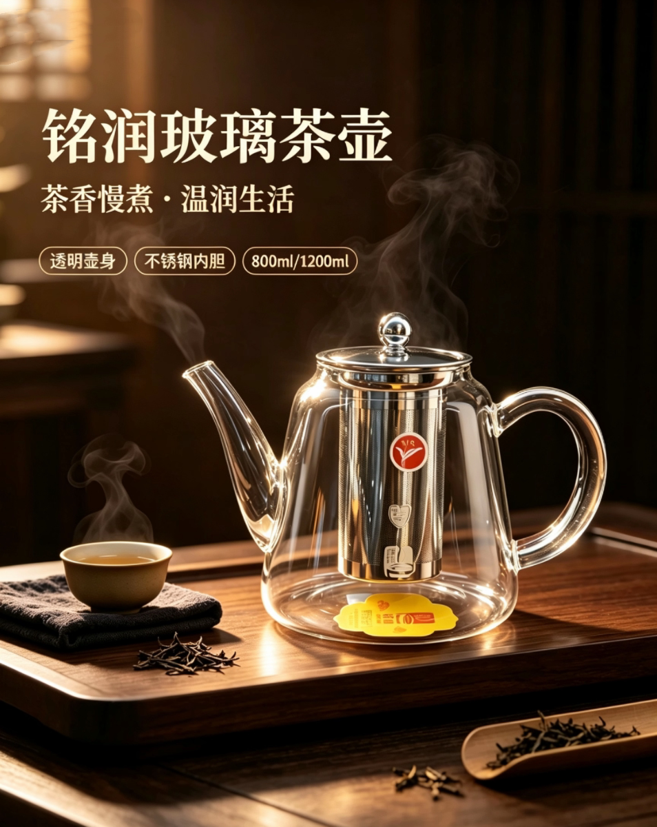 铭润玻璃茶壶304不锈钢内胆泡茶壶电陶炉明火可煮大号加厚茶水壶