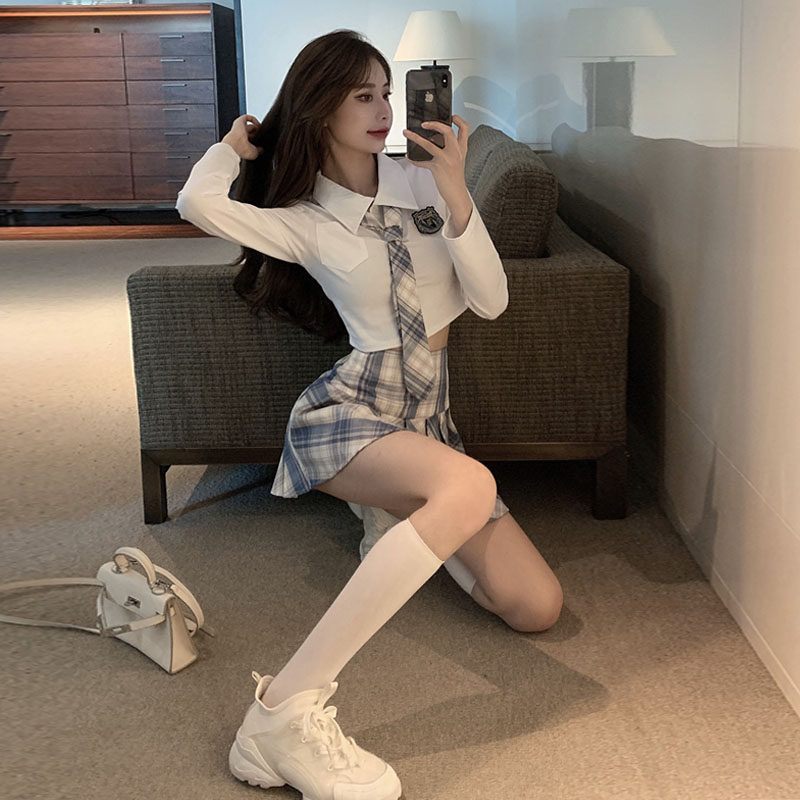 网红直播女主播上镜服装性感甜美学生装学院风气质长袖领带t恤秋