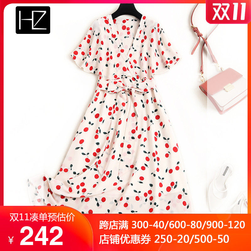 荷叶边樱桃碎花收腰连衣裙显瘦气质仙女温柔风显白遮肉小个子清新