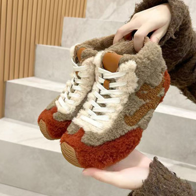 明星同款冬季拼色萌萌高帮毛毛德训鞋保暖加绒阿甘鞋舒适平底鞋女