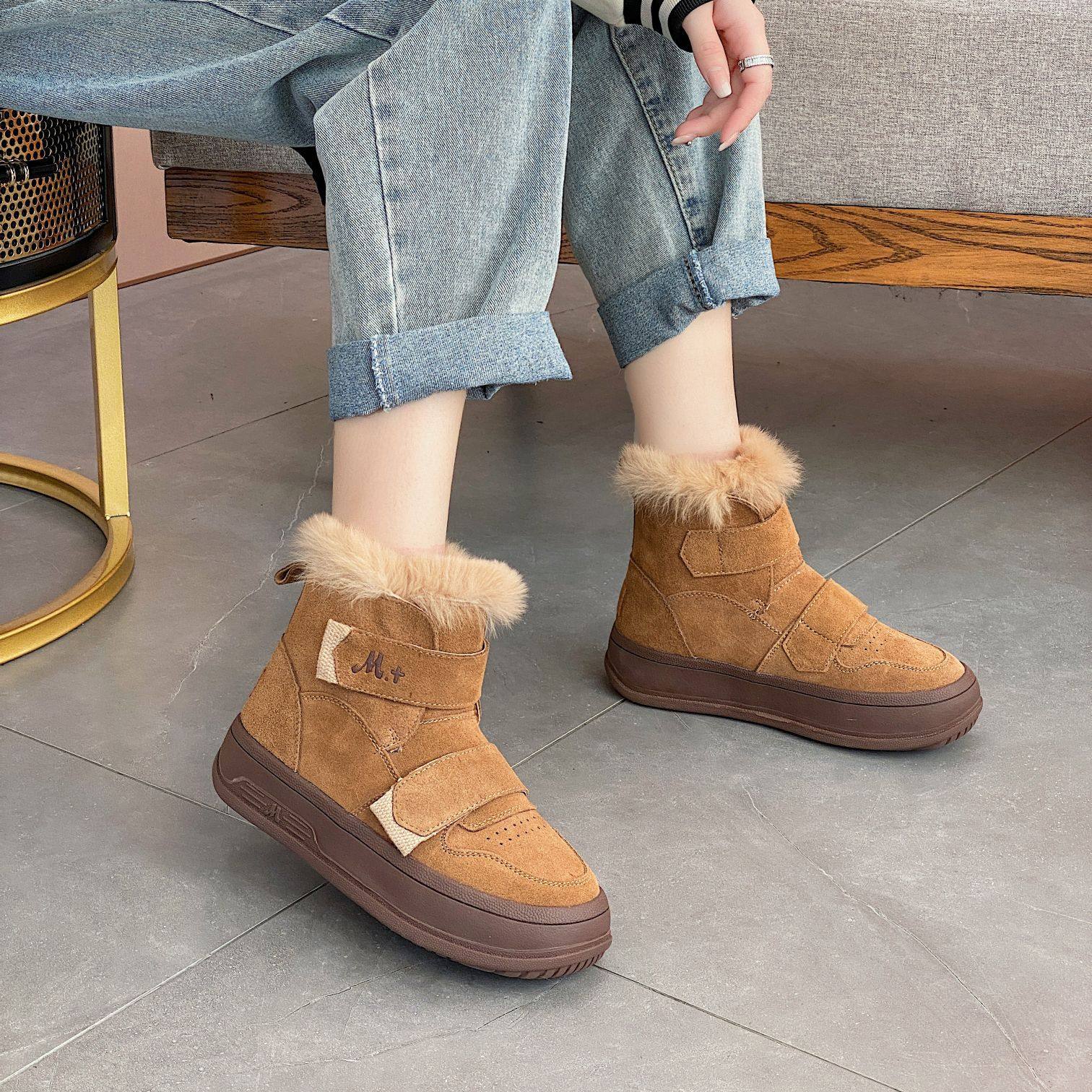 香港真皮厚底雪地靴女款2025新款冬季加绒加厚棉鞋保暖短靴马丁靴