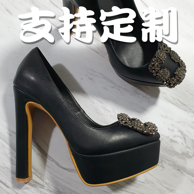 超高跟鞋粗跟14cm夜店水台性感百搭黑色职业裸色少女水钻单鞋32码