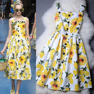 修身 韩版 方领印花大摆A字蓬蓬气质吊带连衣裙 新款 Lucy夏季