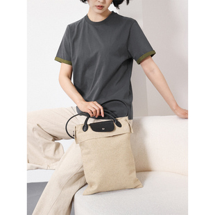 KAKA 瑞士客单文艺百搭翻盖小羊皮内里单肩手提麻感布包托特包女