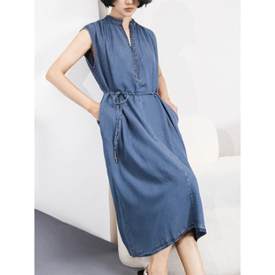 KAKA 英国客单天丝莱赛尔半高领腰带复古名媛慵懒大摆牛仔连衣裙