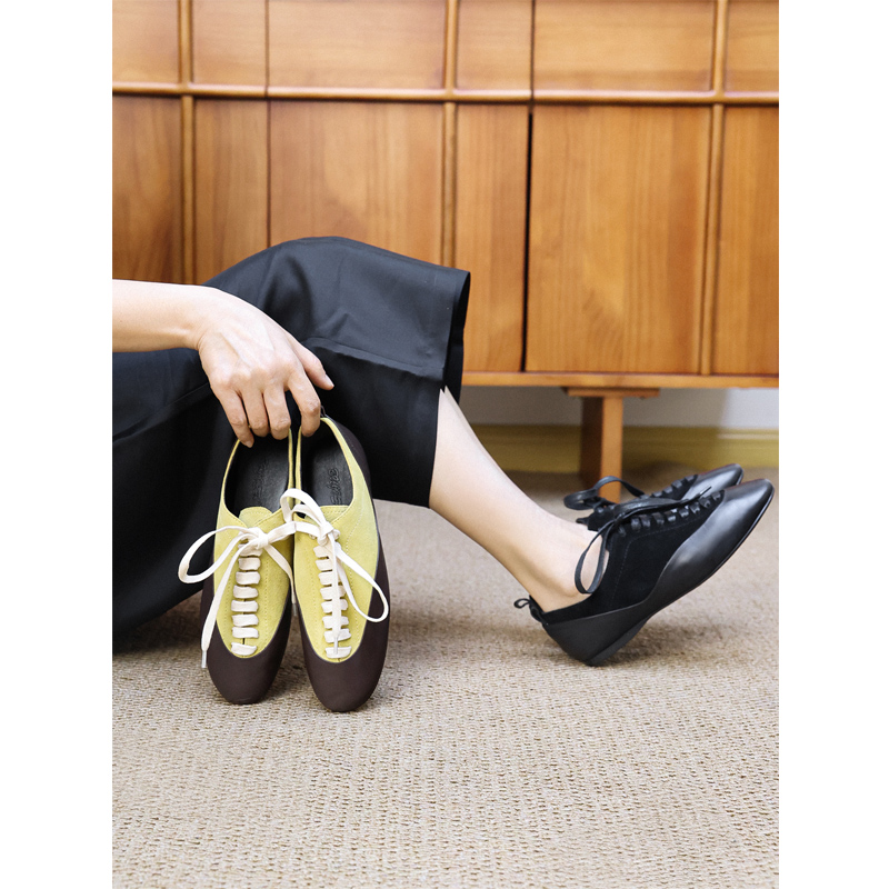 磨砂羊皮撞色圆头系带复古德训鞋