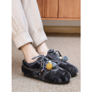 KAKA法单精奢羊羔毛圆头系带流苏彩球加绒保暖淑女平底德训毛毛鞋