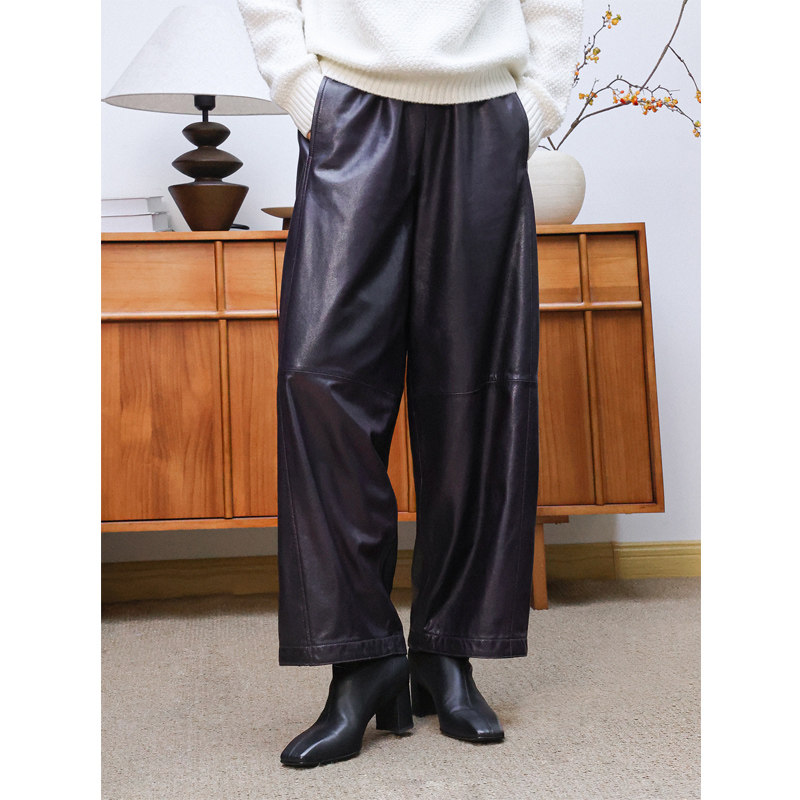 KAKA意大利高奢定制植鞣绵羊皮抽绳松紧腰酷飒潮女宽松哈伦裤皮裤,女装/女士精品,皮裤,淘宝优惠券,粉丝福利购,淘宝优惠卷