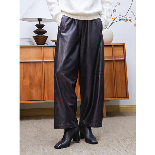 植鞣绵羊皮抽绳松紧腰酷飒哈伦裤