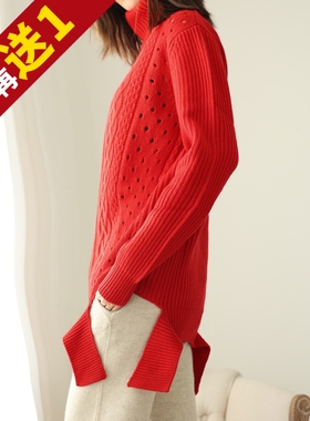 意柜7K+纯正红色 个性出众山羊绒重磅宽松轻镂套衫毛衣KAKA特惠