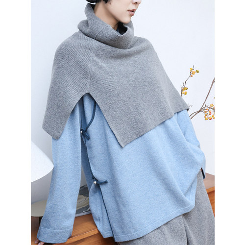 山羊绒螺纹高领套头保暖披肩斗篷
