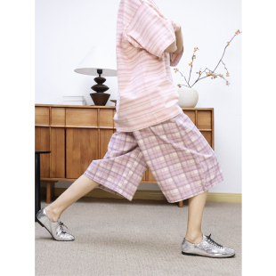 女 棉质水洗半松紧腰复古格子七分宽松阔腿牛仔裤 KAKA 美国客单款