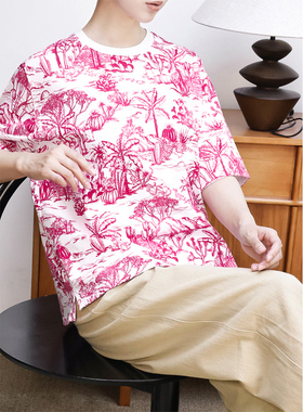 KAKA小众设计师棉质圆领五分袖沙漠绿洲时髦艺术感宽松休闲T恤女