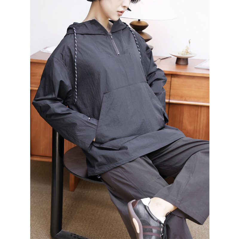 KAKA美国客单款连帽半开拉链户外防风男女中性薄款宽松卫衣冲锋衣