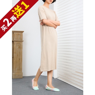 KAKA法单款精梳山羊绒尖名媛系圆领五分袖直筒保暖针织长款连衣裙