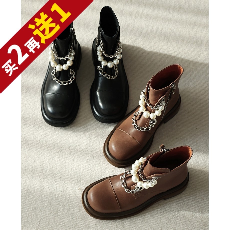 英派短筒布洛克！荔纹胎牛皮厚底圆头珍珠女士短靴平底鞋KAKA特,女鞋,马丁靴,淘宝优惠券,粉丝福利购,淘宝优惠卷