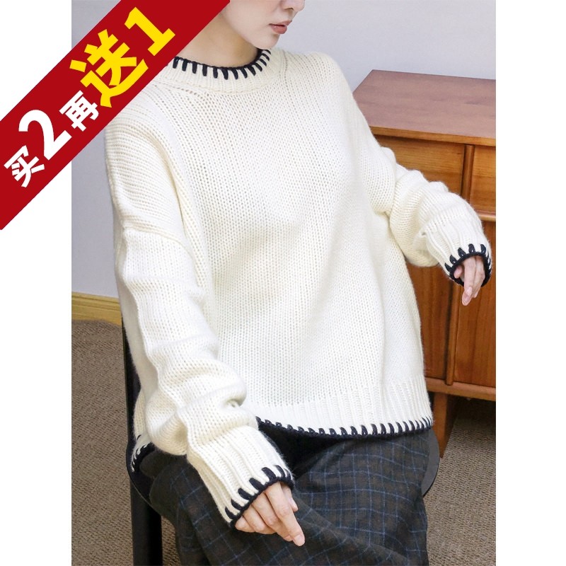 KAKA法国客单款山羊绒圆领撞色钩边慵懒风宽松保暖针织套衫毛衣女,女装/女士精品,羊绒衫,淘宝优惠券,粉丝福利购,淘宝优惠卷