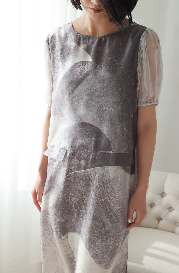 秀场先锋设计 法柜真丝印花灯笼袖内搭中长裙圆领连衣裙kaka特