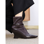 KAKA法国客单款 短靴 胎牛皮方头扣带摩登通勤异形坡跟高跟袜靴时装