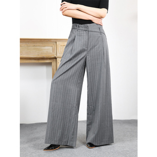 KAKA 米兰秀款高定格雷系精纺羊毛条纹飒爽大女主宽腿阔腿西装裤