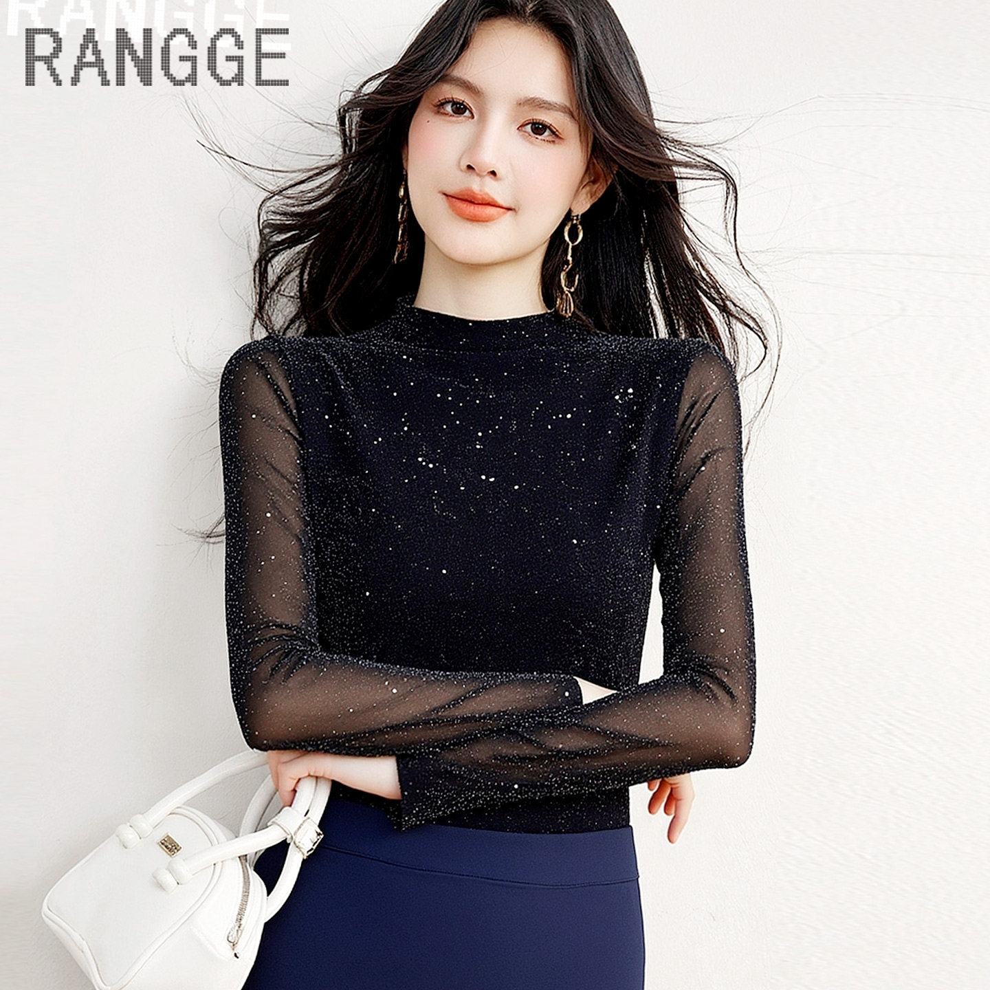 高级感亮片网纱长袖T恤女春秋半高领修身弹力打底衫薄款内搭上衣,女装/女士精品,T恤,淘宝优惠券,粉丝福利购,淘宝优惠卷