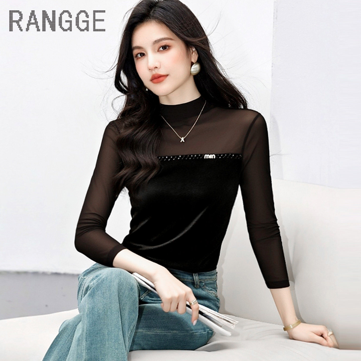 高级感气质网纱拼接透视打底衫薄款长袖T恤女洋气半高领丝绒上衣