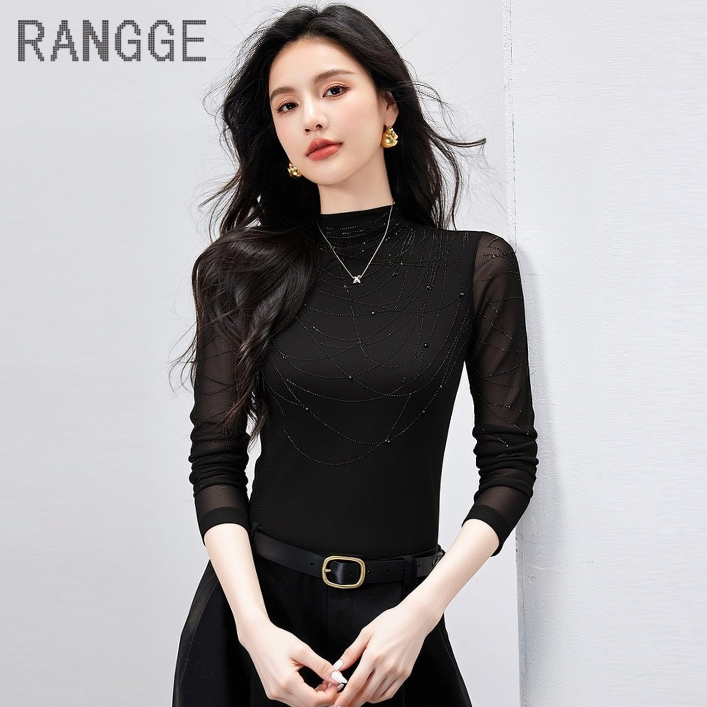 半高领烫钻网纱长袖T恤女薄款内搭高弹力打底衫高级感黑色上衣