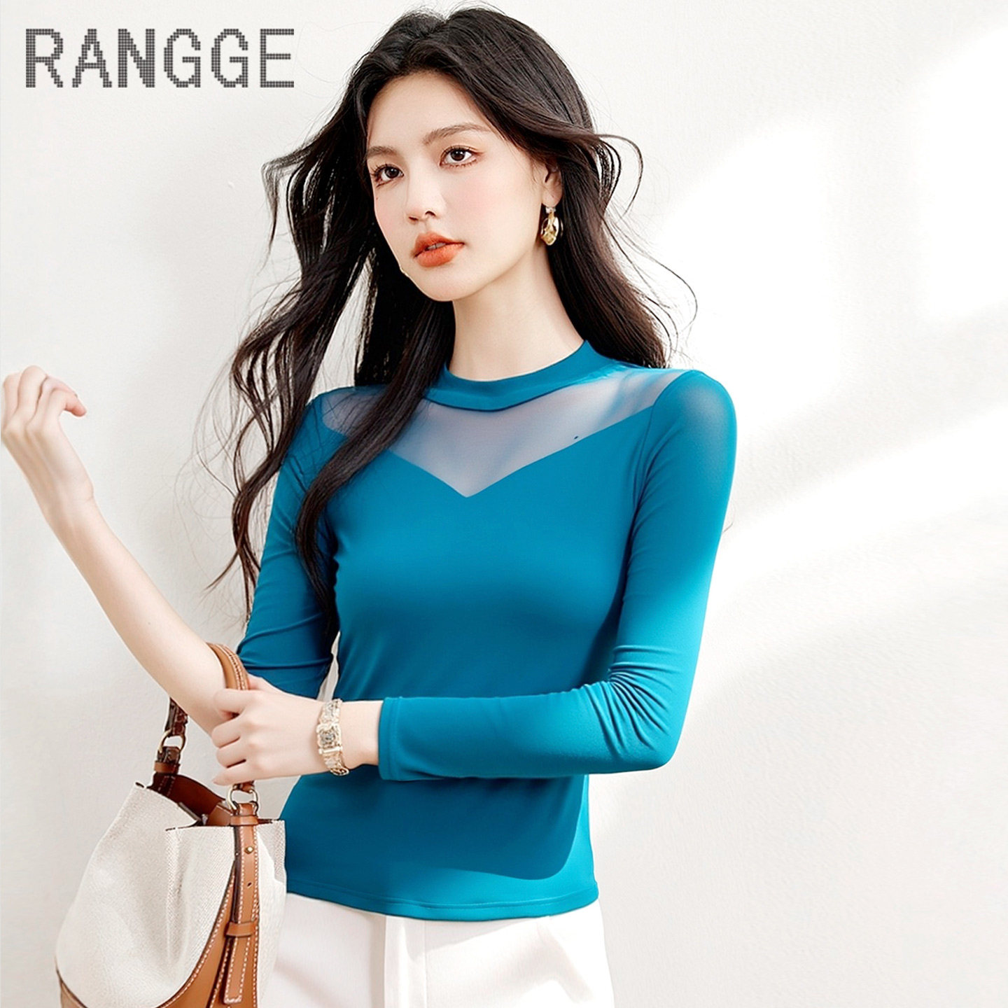 RANGGE高级感蓝色网纱长袖T恤女洋气透视显瘦高弹舞蹈上衣瑜伽服