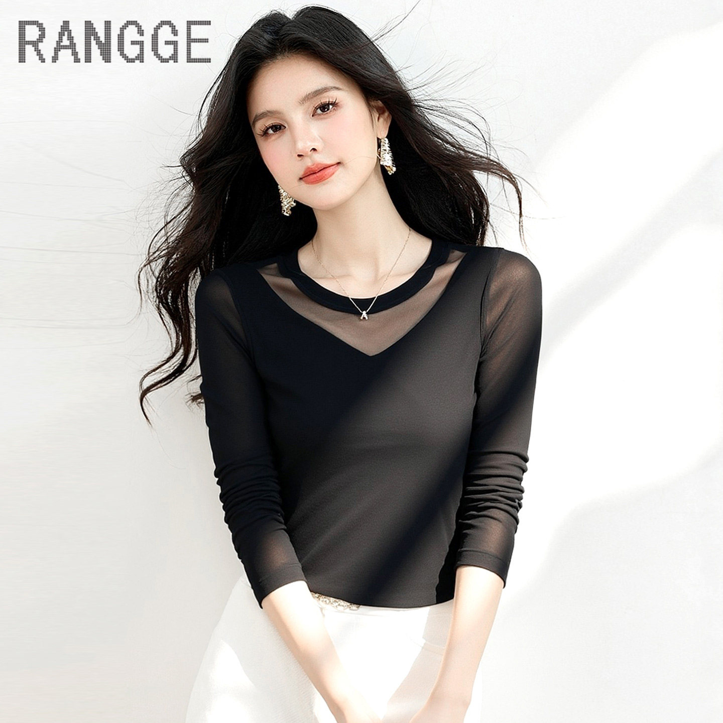 RANGGE黑色网纱长袖T恤女洋气薄款透视显瘦打底衫高弹瑜伽上衣
