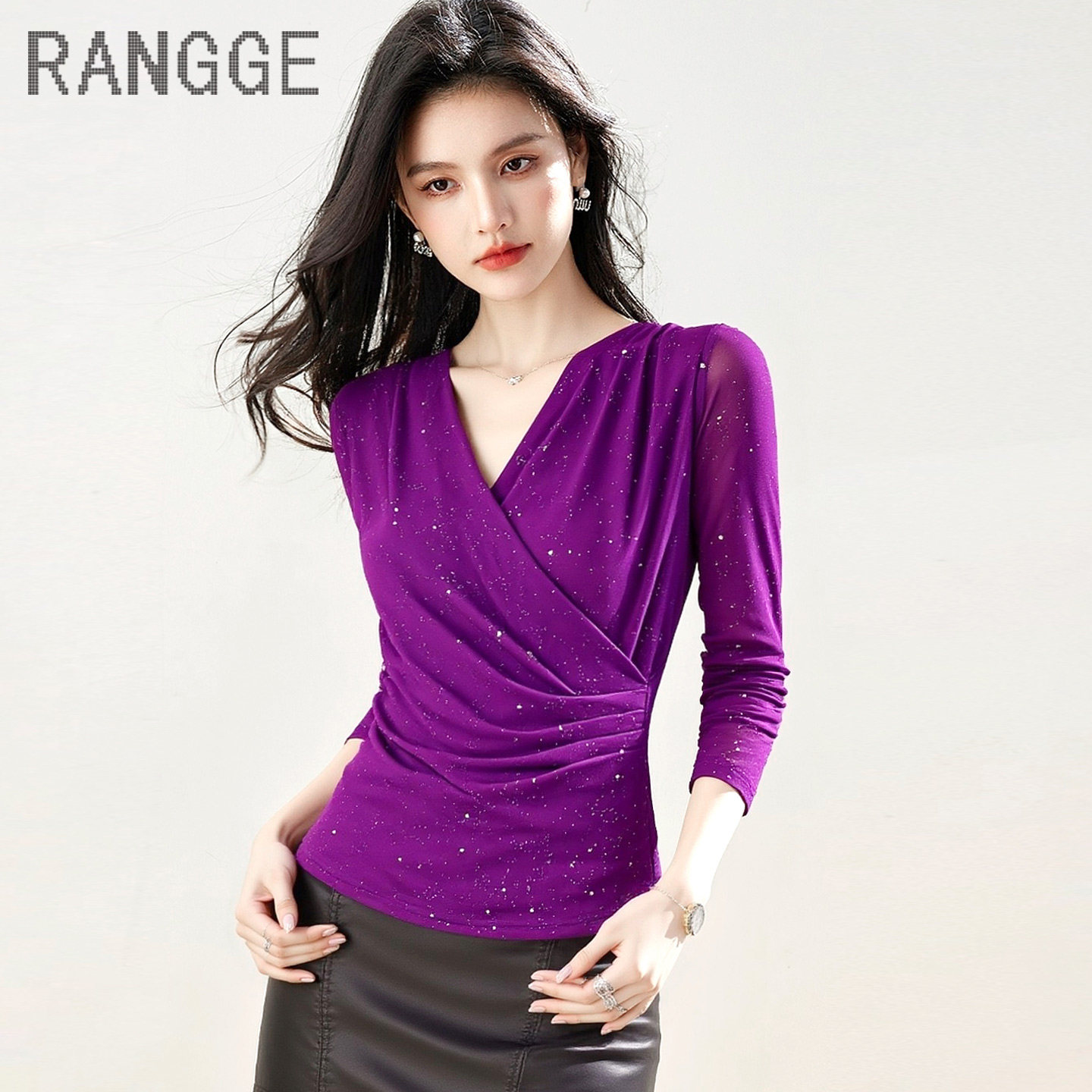 RANGGE高级感交叉V领上衣亮片网纱T恤女长袖修身高弹力显瘦打底衫