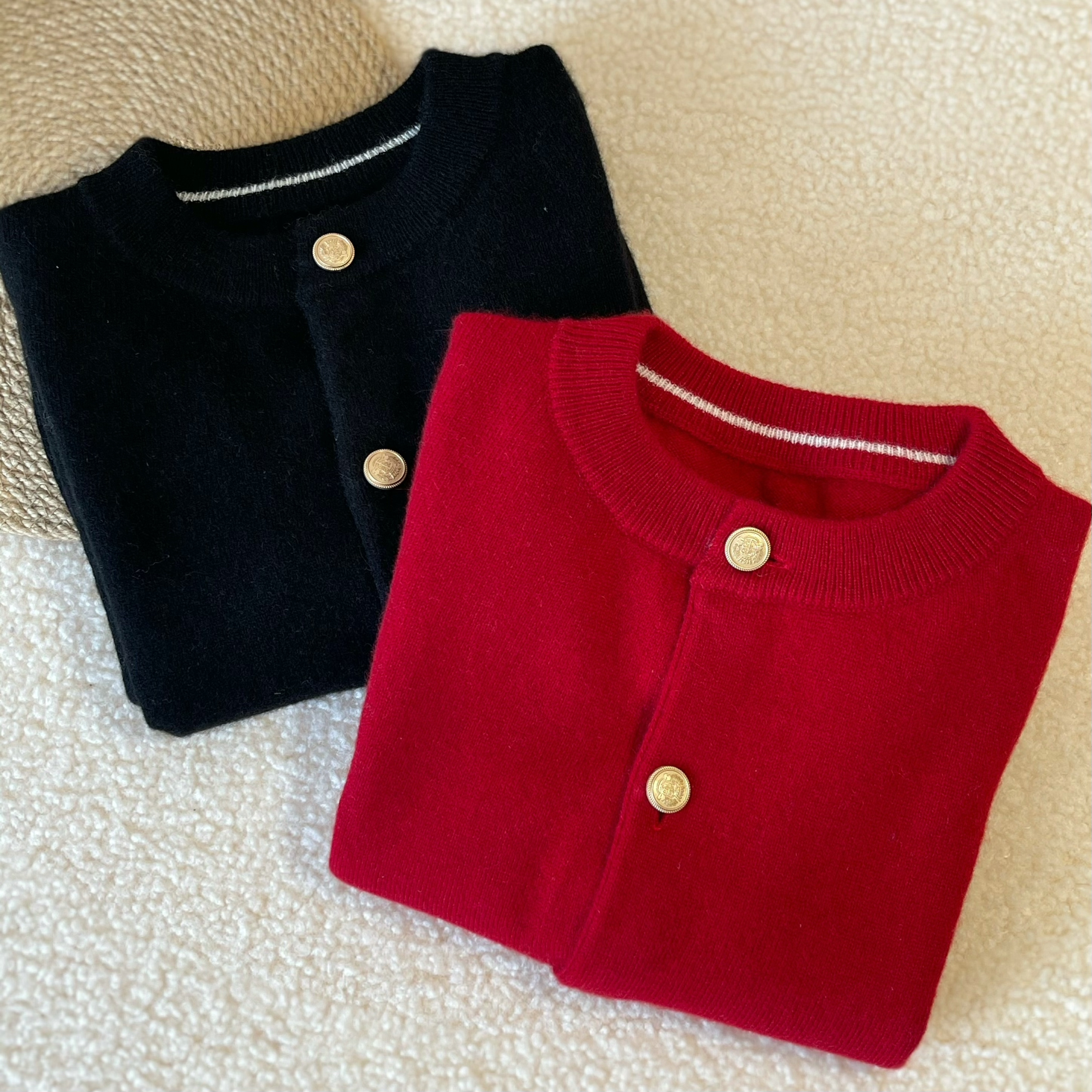 自制男女童纯山羊绒开衫亲子装洋气肩扣宝宝衣服儿童薄款外套红色