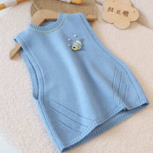 女宝宝羊绒马甲女童羊绒背心加厚儿童蓝色毛衣婴儿圆领无袖坎肩