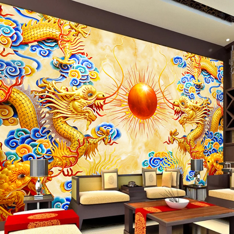 金色双龙戏珠背景墙纸故宫大殿装饰壁画龙纹佛堂寺庙祠堂道家壁布